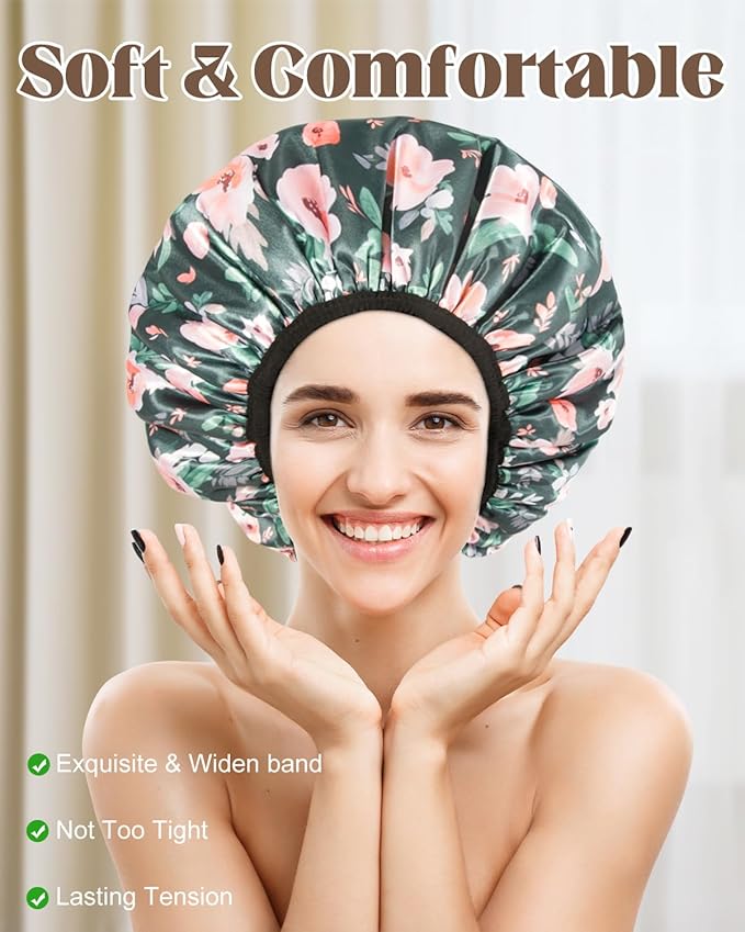 Auban Terry Lined Triple Layer Large Shower Cap for Women, Waterproof Hair Cap