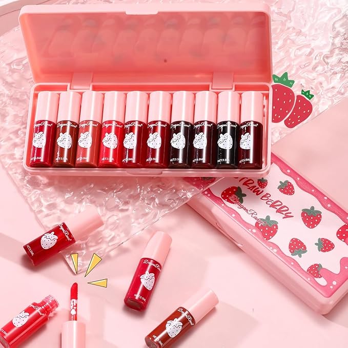 Eakroo 10 Colors Lip Stain Tint Set, Korean Lip Gloss Watery Lip Stain Set, Natural Moisturizing Korean Lip Tint, High Pigment, Long-Lasting, Non-Stick Cup, Vivid Color, Lip Tint Makeup (Set A, Large)