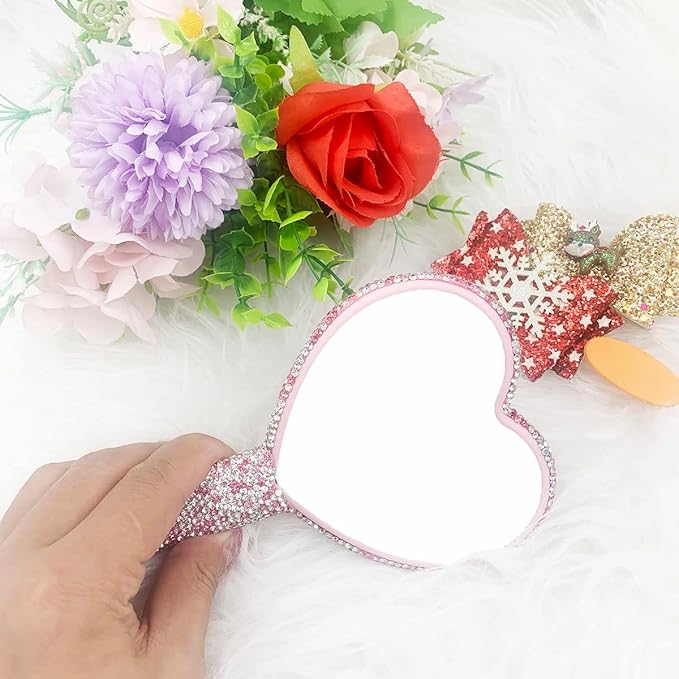 LOPURO Sparkling Rhinestone Heart Shaped Handheld Mirror, Rhinestone Handheld Heart Mirror Bling Glitter Cute Cosmetic Hand Mirror with Handle Portable Makeup Mirror for Women Travel