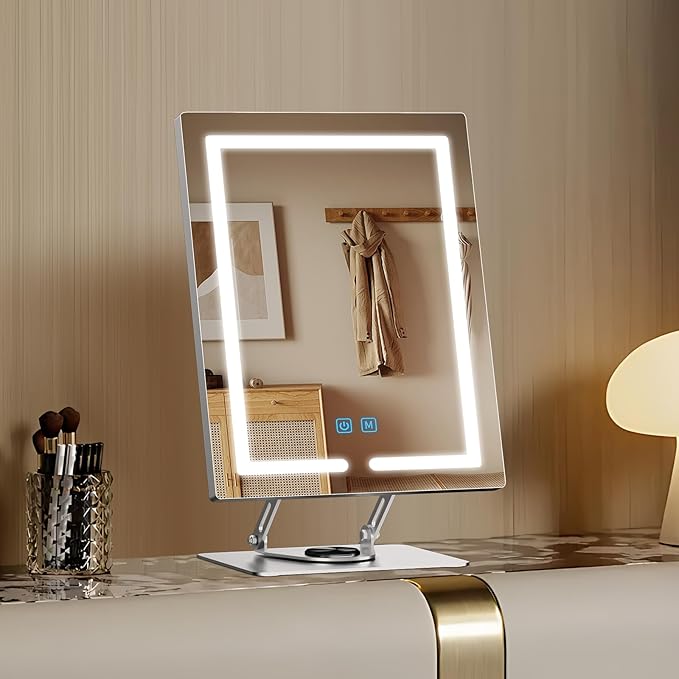 Makeup Mirror with Lights and 5X Magnification, 360°Rotation Lighted Makeup Mirror, Free Adjustable Angle and Height, Mirror with Lighting with Smart Touch for Bedroom Tabletop, Gift for Women