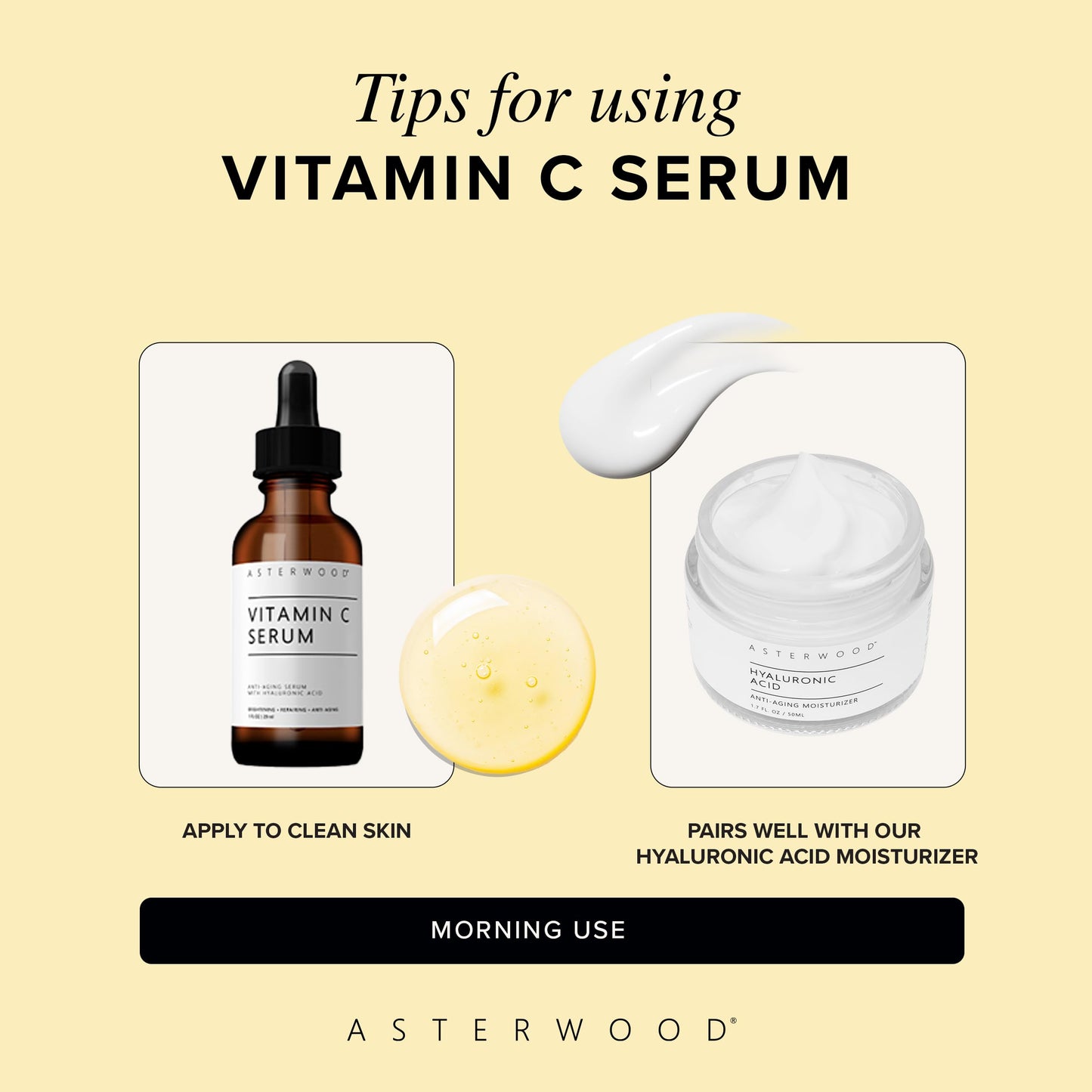 Asterwood Vitamin C Face Serum - with Hyaluronic Acid - Smoothing, Hydrating, Stimulates Collagen Production - Fragrance-Free - 1 Fl Oz