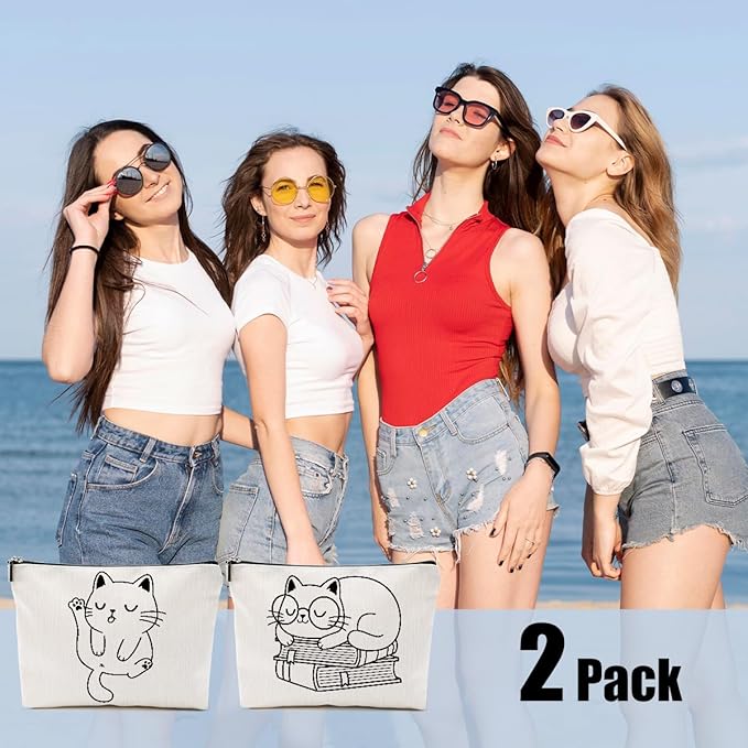 2pcs Cute Cat Themed Gifts for Women Makeup Bag, Book Lovers Cosmetic Bag Christmas Birthday Gifts for Women Female Girls Sister BFF, Cat and Book Travel Toiletry Bags