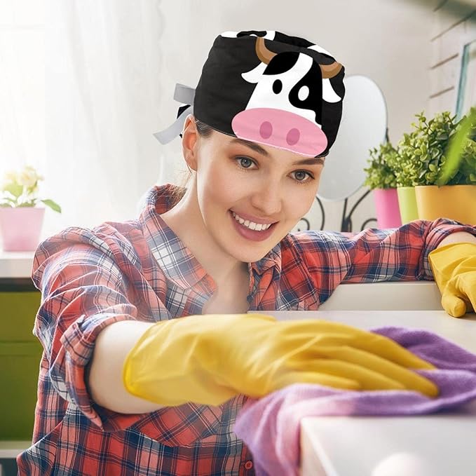 2 PCS Bouffant Cap with Button Ponytail Pouch Working Cap Sweatband Adjustable Surgical Cap Black and White Cow