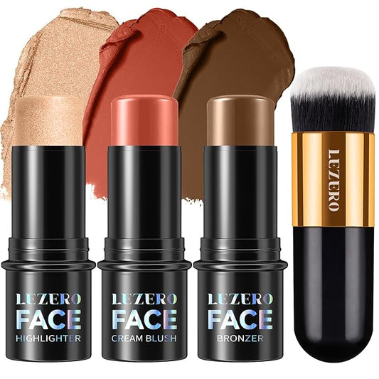 Lezero 3Pcs Contour Stick Makeup Kit, Shades with Highlighter, Blush and Bronzer Trio for Sculpt the Cheeks and Body, Longwear, Waterproof, Dewy & Matte Finish, MEDIUM (09,12,15)