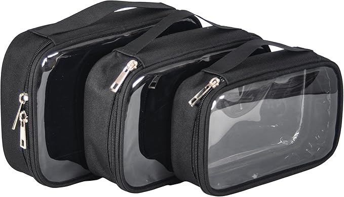 3pcs Pack TSA Approved Travel Pro Beauty Makeup Kits Cosmetic Organizers Case Clear Utility Pouch Combo Set Bag with Zipper & Handle (Black)