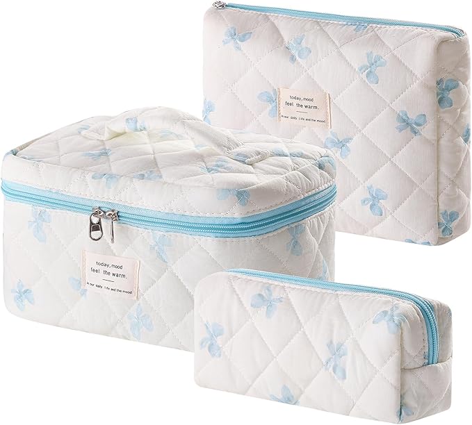 3 Piece Cute Blue Bow Quilted Makeup Bag Set, Large Capacity Travel Makeup Bags for Women and Girls, Includes Small, Medium, and Extra Large aesthetic makeup&Cosmetic Bags (3PCS-Blue Bow)