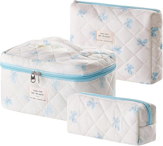 3 Piece Cute Blue Bow Quilted Makeup Bag Set, Large Capacity Travel Makeup Bags for Women and Girls, Includes Small, Medium, and Extra Large aesthetic makeup&Cosmetic Bags (3PCS-Blue Bow)