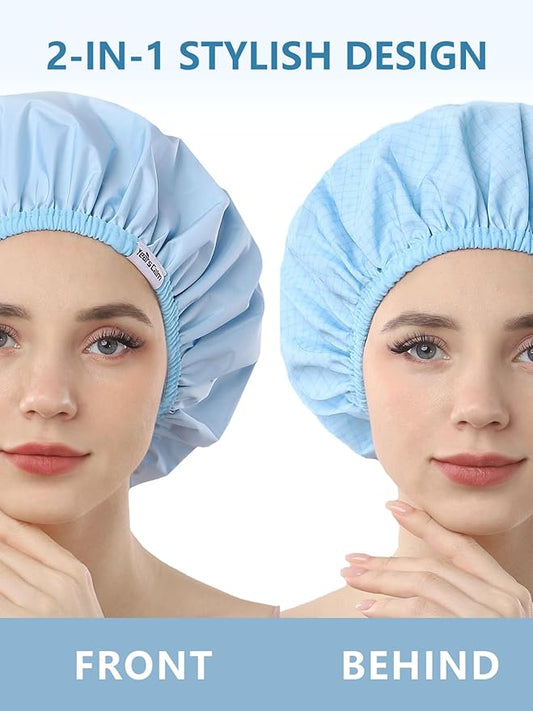 Years calm Shower Caps For Women Reusable Waterproof，Pattern And Solid Color Dual-Layer Design For Dual-Layer Usable，Protects Hair In Shower, Spa, Cooking, Clean & Travel (Blue, Extra Large)
