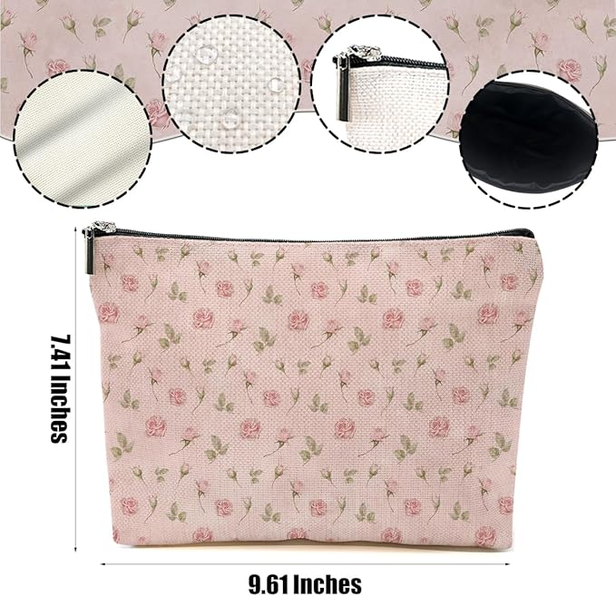 4pcs Pink Vintage Roses Floral Makeup Bag, Pink Coquette Roses Flower Cosmetic Bag Rose Gifts for Women Female Girls Sister BFF Nature Lover, Travel Zipper Pouch Christmas Thanksgiving Birthday Gifts