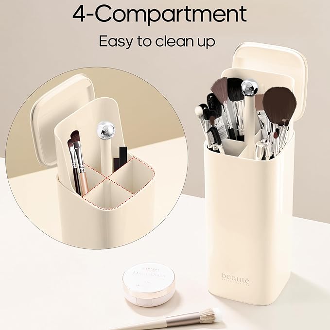 Makeup Brush Holder with Lid,One Touch Open 4 Slot Makeup Brush Case with Waterproof Dustproof,Brushes Storage Holder for Vanity, Dresser, Desk (Cream white)