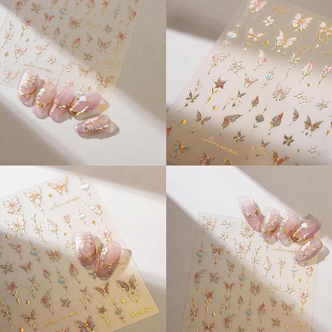 1 Sheets 5D Bronzing Butterfly Nail Stickers for Nail Art Pink Flower Nail Art Stickers Self Adhesive Summer Floral Butterflies Design Nail Decals Supplies for Women Girl DIY Manicure Decor