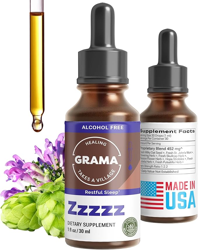 Grama Wellness Zzzzz Organic Natural Liquid Sleep Aid Sleep Drops, Deep Sleep Support Tincture for Relaxing Sleep, Vegan, Non-GMO, Herbal Sleep Supplement Alcohol Free | Made in USA - 30 Servings
