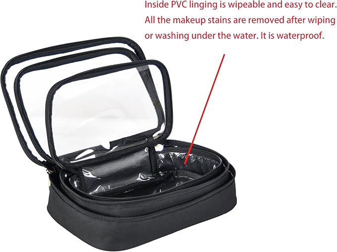 3pcs Pack TSA Approved Travel Pro Beauty Makeup Kits Cosmetic Organizers Case Clear Utility Pouch Combo Set Bag with Zipper & Handle (Black)