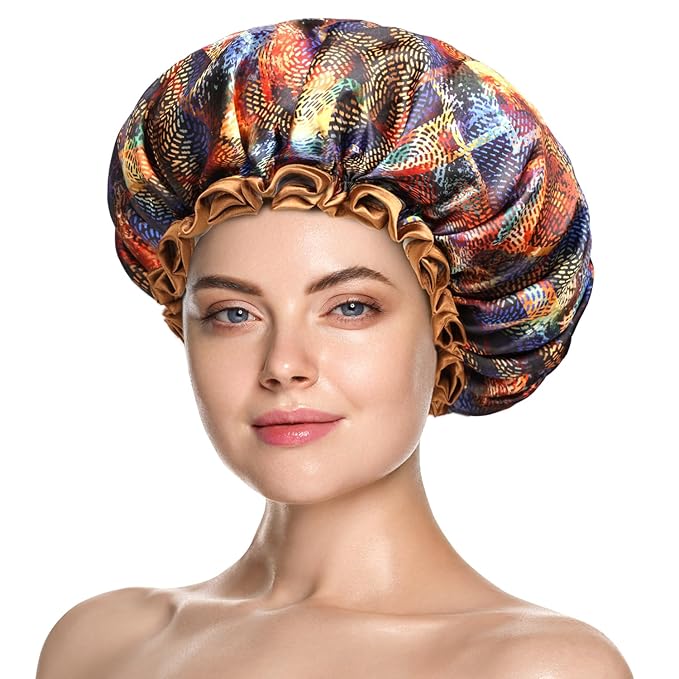 mikimini Large Shower Cap for Women Long Hair,Mystery Shower Caps with Brown Lace, Reusable Waterproof Bathing Shower Hat