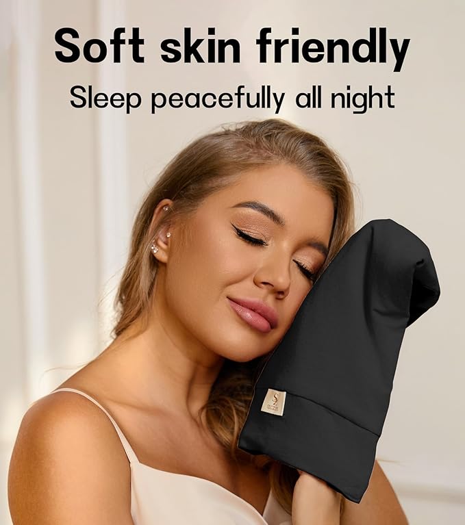 100% Mulberry Silk Bonnet for Sleeping for Curly Hair and Braids, Wrap with Adjustable Strap for Women and Men,Real Silk, Not Satin（1Pc,Black）