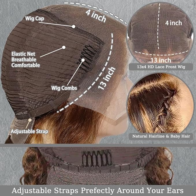 26inch Highlight Curly Lace Front Wigs Human Hair Balayage Brown Highlight 13X4 Deep Wave Wigs Human Hair Ombre Curly Wig #4/27 Colored Wigs for Women 180% Density