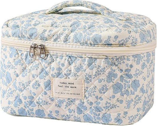 uekeboag Large Travel Quilted Makeup Bag for Women, Floral Cotton Cosmetic Bag, Coquette Aesthetic Floral Toiletry Organizer Bag