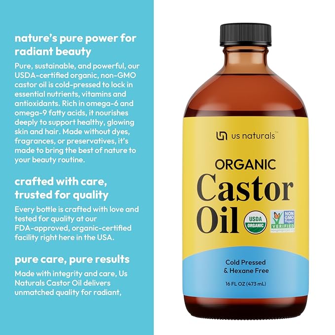 16oz Organic Castor Oil – Glass Bottle – USDA Certified Organic & Non-GMO – 100% Pure, Cold-pressed, Unrefined, Hexane-free – Premium Glow-Boosting Oil for Skin, Hair, Lashes, Nails & More