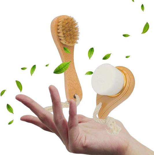 Premium Face Scrubber Set, Facial Cleansing Brush for Exfoliator, Natural Bristle Face Scrubber for Lymphatic Drainage, Unclog Pores, Sensitive Skin, Reduce Ance, Glowing, 2 Pack(Soft & Dry)