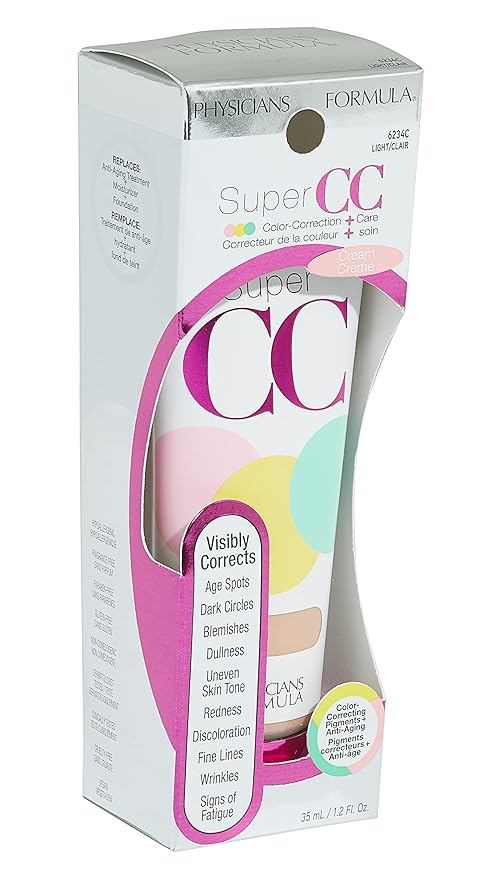 Physicians Formula Super CC+ Cream Color-Correction + Care Cream Full Coverage Foundation, Anti Aging Hydrating Serum, For Uneven Skin Tone, Dermatologist Approved, Light