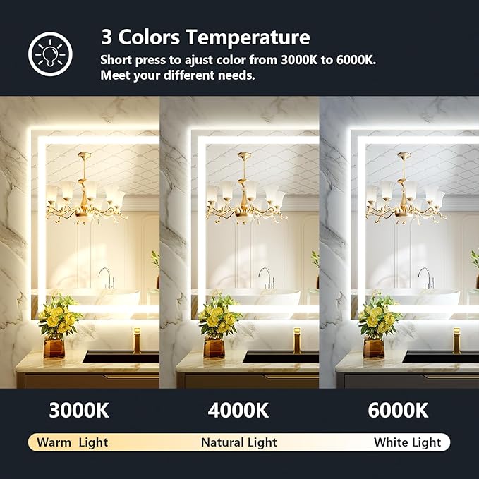 40x36 Inch LED Bathroom Mirror with Lights Front and Backlit Lighted Vanity Mirror for Bathroom Wall with 3 Colors Dimmable Anti-Fog Memory Shatter-Proof IP54 Waterproof Horizontal/Vertical