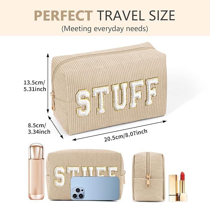 MAGEFY Corduroy Makeup Bag Small Makeup Bag for Purse with Compartments Cute Makeup Pouch Cosmetic Bag for Women Friends Preppy Gifts (Beige, STUFF)