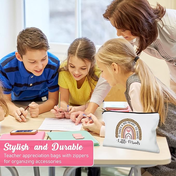 12 Pcs Teacher Gifts Makeup Bags Teacher Appreciation Travel Toiletry Canvas Cosmetic Pencil Survival Kit Bag for Women Zipper Pouch Bag Thank You Gifts Bulk (Rainbow and Pencil)