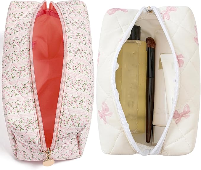 Makeup Bag Travel Cosmetic Bag for Women Girls, Zipper Make Up Pouch, Floral Flowers Toiletry Organizer Makeup, Portable Storage Cosmetic Travel Cloth Bag (Pink+Pink Bow Tie)