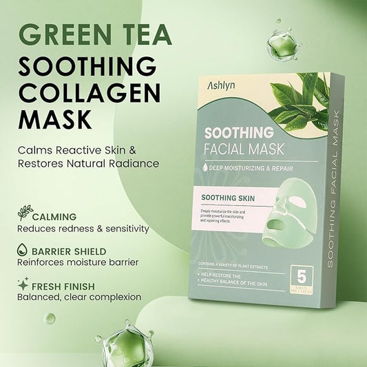 Ashlyn Green Tea Soothing Collagen Face Mask - Overnight Hydrating Sheet Mask with Hyaluronic Acid & Collagen for Sensitive Skin, Deep Moisture Calming Relief for Glass Skin, 35g, 5ea