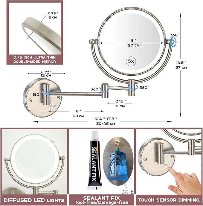 8" Brass Lighted Wall Mounted Makeup Mirror, 360° Swivel Extendable,Bathroom Mirror Double-Sided 1X/5X Magnification LED Vanity Mirror, Touch Dimming, Brushed Nickel, Plug Powered