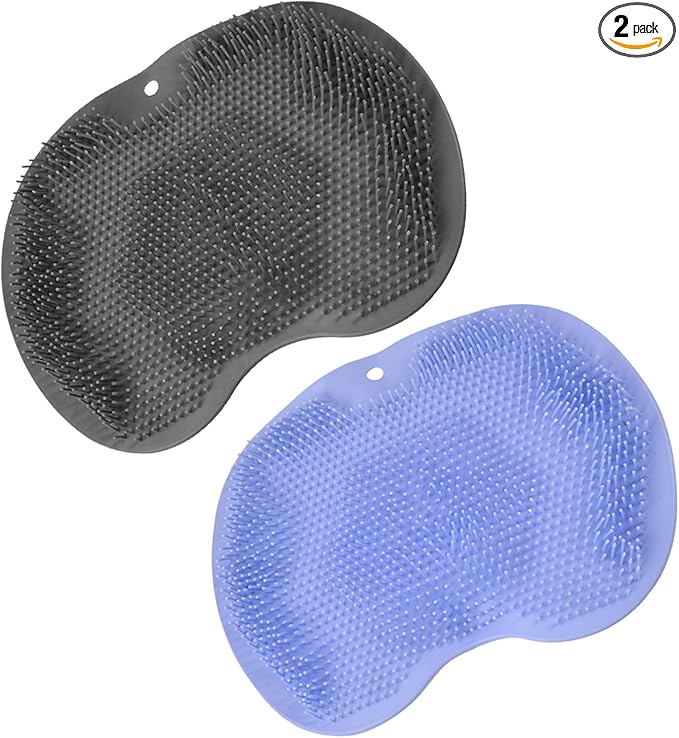 2PACK Shower Foot Scrubber Mat,Wall Mounted Back Scrubber Silicone Bath Massager Cushion Brush with Non-Slip Suction Cups,Foot Scrubber for Use in Shower for Improve Skin Exfoliation(Grey&Blue)