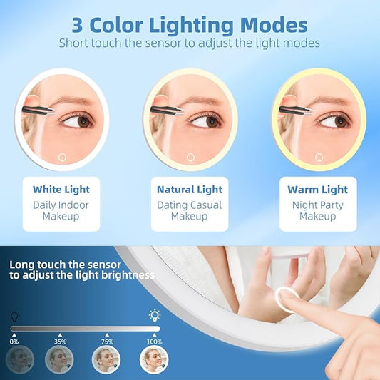 10X Magnifying Mirror with Lights, 10x Magnified Mirror with 3 Suction Cups, 3 Color Dimmable Lighted Makeup Magnification 6inch Travel 10X Magnification with Tweezers & Scissors