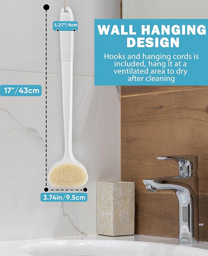 Back Scrubber for Shower with 17" Long Handle, Non-Slip Grip Shower Brush, Moderate Bristles Body Brush for Gentle Exfoliation, Back Brush for Shower Men & Women – White