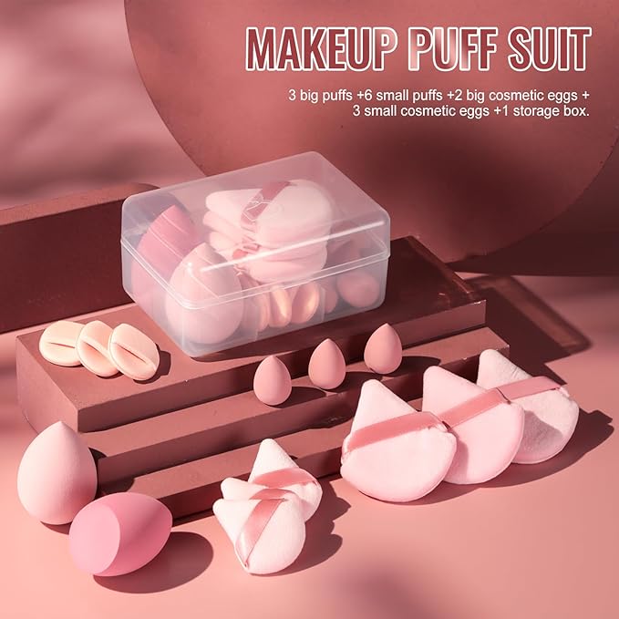 Makeup Sponge Set BS-MALLTriangle Puff 14 Pcs for Liquid, Cream, and Powder, Multi-colored Makeup Sponges and Mini Makeup Sponge (B-Pink)
