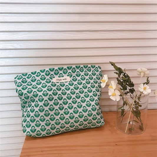 Makeup Bag Noble Floral Cosmetic Bag Cotton Toiletry Organizer Bag Portable Travel Bag Cute Pouch Case Make Up Bag for Women Green Color
