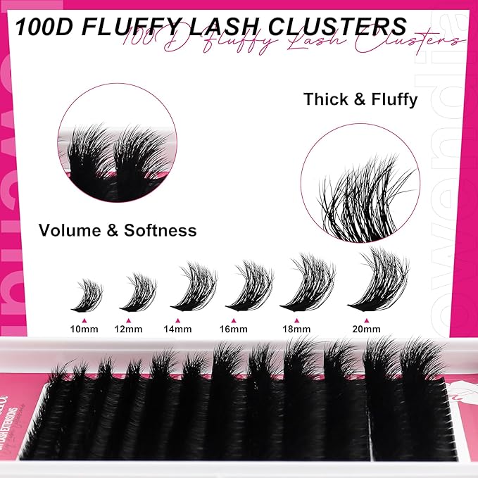 Fluffy Individual Lashes 100D D Curl Cluster Eyelash Extensions 10-18mm Wispy DIY Lash Extension Thick Volume False Eyelashes Clusters for Beginners