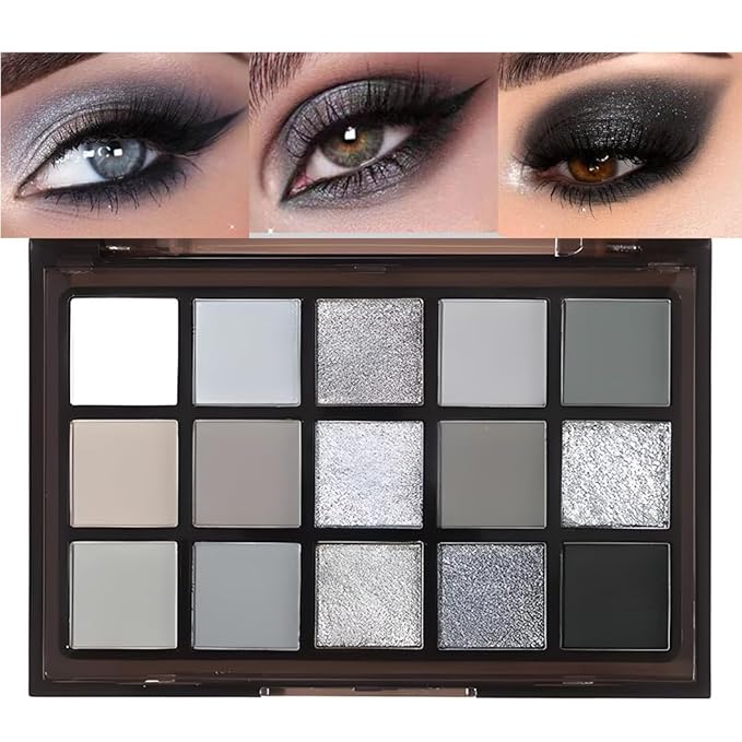 Black Smoky Eye shadow Palette, 15 Colors True Black Dark Grey Smokey Goth Makeup Pallet, 15 Soft Matte Shimmer High Pigmented Basic White Gray black eyeshadow for woman