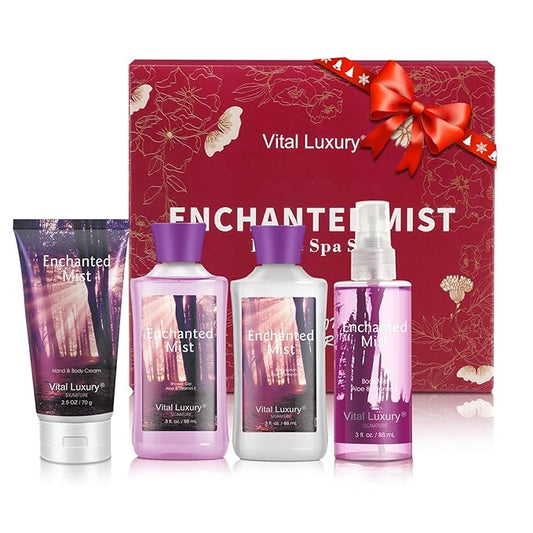 Bath & Body Kit, 3 Fl Oz, Ideal Skincare Gift Home Spa Set, Includes Body Lotion, Shower Gel, Body Cream, and Fragrance Mist,Birthday Mother's Valentine's Day Gifts(Enchanted Mist)