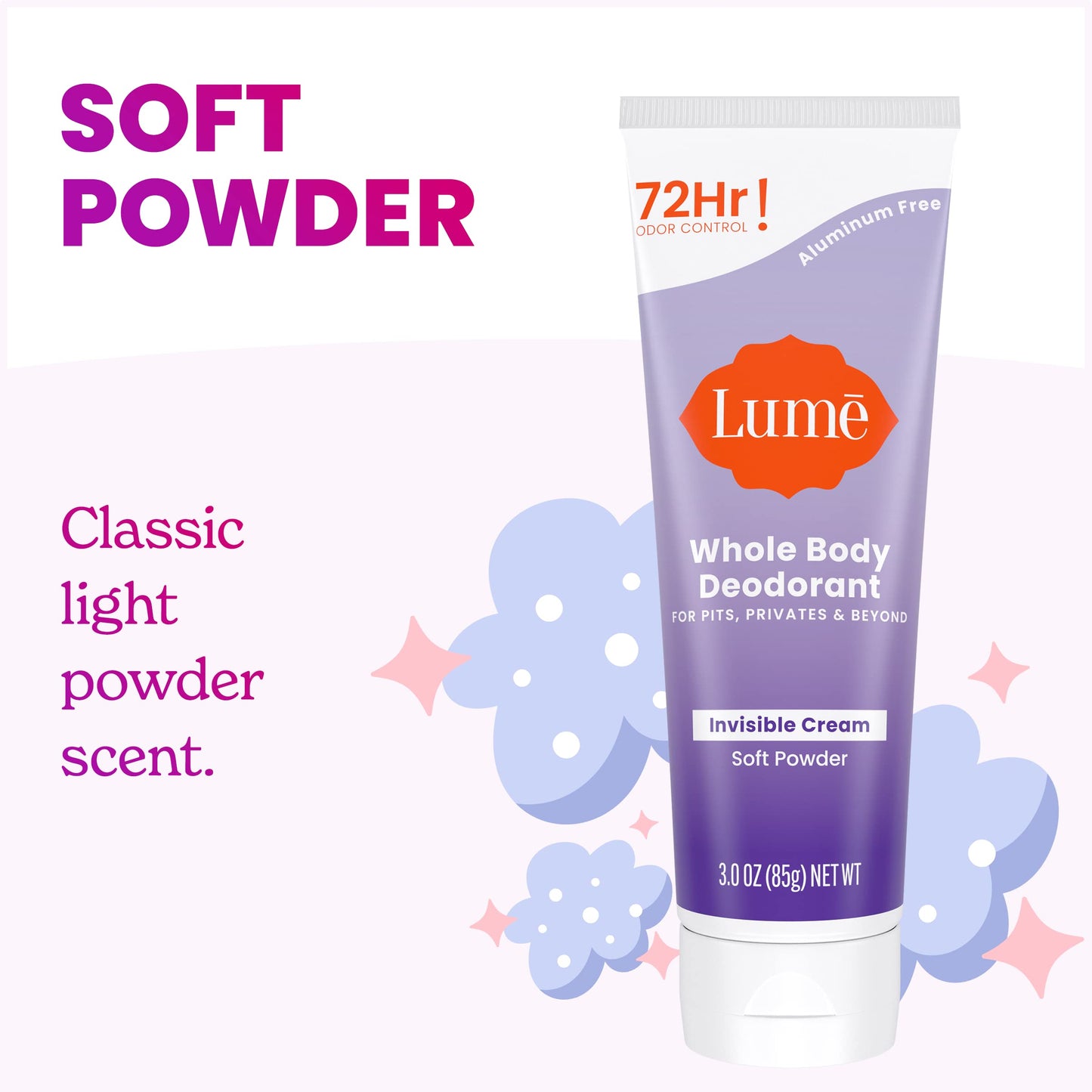 Lume Whole Body Deodorant - Invisible Cream Tube - 72 Hour Odor Control - Aluminum Free, Baking Soda Free, Skin Safe - 3.0 ounce (Soft Powder)