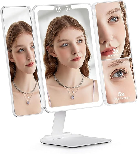 Travel Makeup Mirror, Rechargeable 1X/3X/5X Magnifying Trifold Makeup Mirror with Lights, 3 Color Lights, Touch Control Lighted Vanity Compact Mirror with Foldable Stand, White
