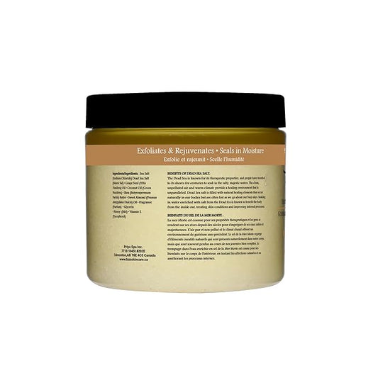 Premium Taza Oats and Honey Dead Sea Salt Scrub, 473 ml 24 oz (670 g) Exfoliates Your Skin Leaving it Soft and Hydrated Contains: Coconut Oil, Shea Butter, Grapeseed Oil, Sweet Almond Oil, 26 Minerals