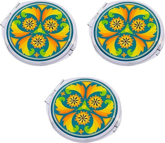 Stephanie Imports Set of 3 Double Sided Magnifying Compact Slim Mirrors with Printed Insert (Circle - Psychedelic Turquoise)