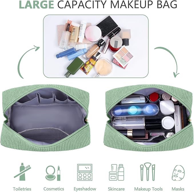 MAGEFY Small Makeup Bag for Purse Portable Makeup Pouch with Compartments Corduroy Make up Bag for Women Travel Cosmetic Essential (Green, SKIN)