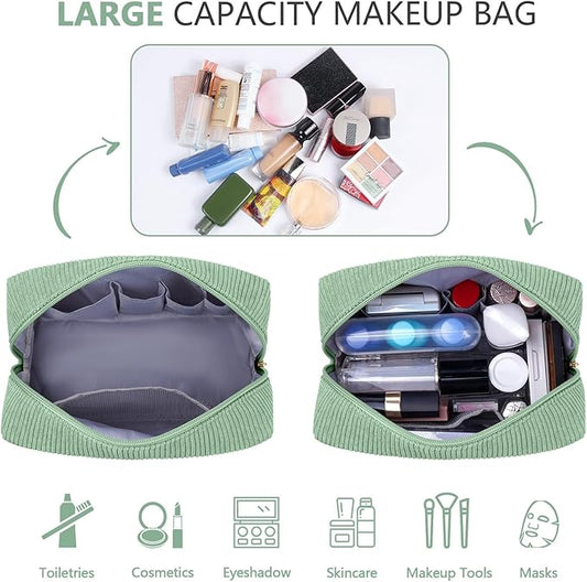 MAGEFY Small Makeup Bag for Purse Portable Makeup Pouch with Compartments Corduroy Make up Bag for Women Travel Cosmetic Essential (Green, SKIN)