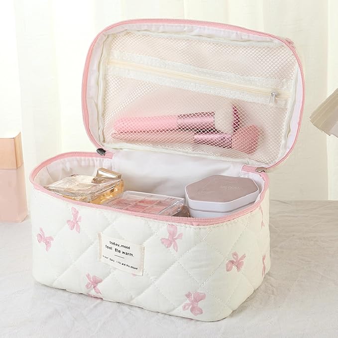 3 Pcs Quilted Makeup Bag Set,Coquette Bow Make Up Bag,Cute Floral Makeup Bags Large Toiletry Cosmetic Bag Organizer for Women Girls (O-3PCS)