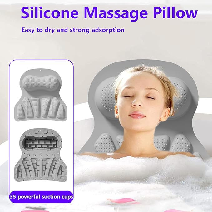Bath Silicone Pillow Luxury Bathtub Pillow with Non-Slip Suction Cup (Gray)