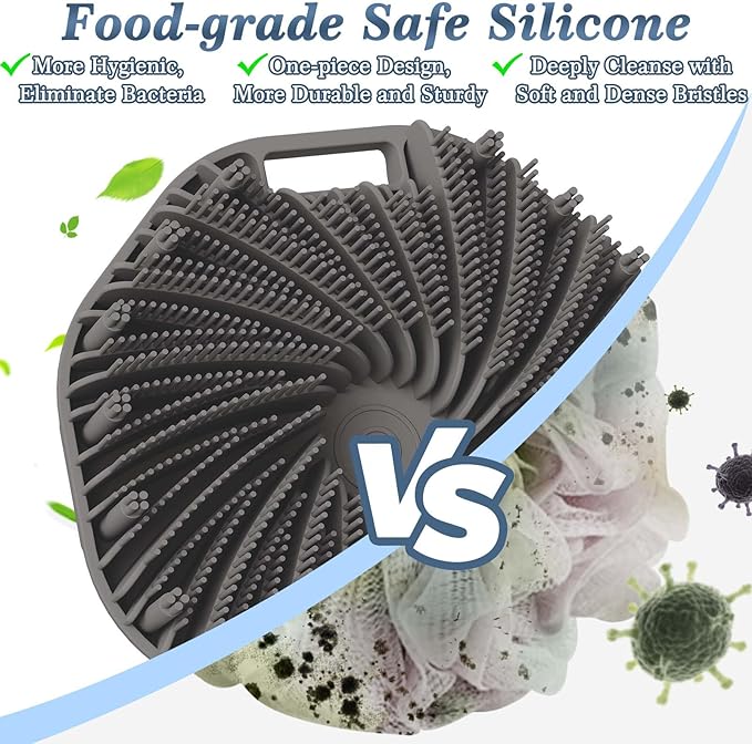 Manmihealth Silicone Back Scrubber & Soft Bath Glove Set 4 PCS(Thick Bristles), Super-Exfoliating Body Scrubber & Super-Lathering Shower Brush Combination, with a Free Hook(Gray)