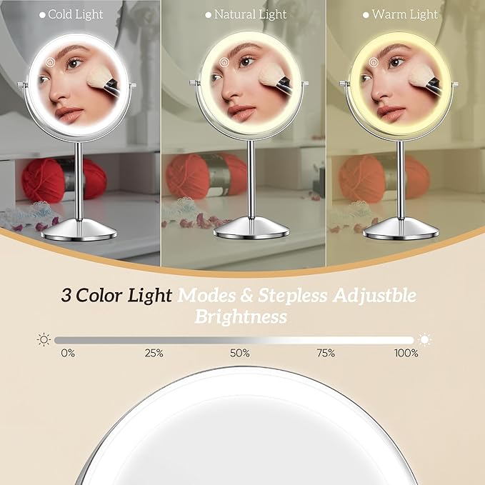 10X Lighted Makeup Mirror with Magnification 8" Stand Up Double Sided Magnifying Mirror with Lights 3 Color Brightness Adjustable Table Light up Mirror 360°Swivel Rechargable Light up Mirror