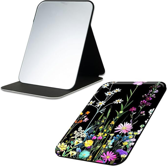 Beautiful Wildflowers Small Folding Travel Mirror Vanity Mirror 4.3"x2.75" PU Leather Portable Adjustable Rectangular Ultrathin Makeup Mirror,for Travel, Camping,Home