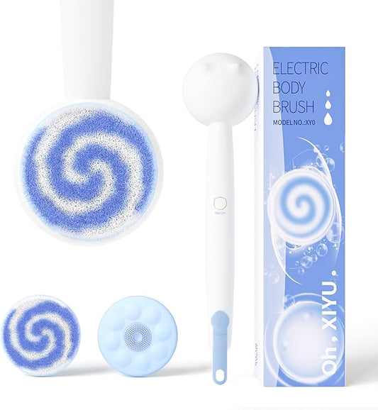 Electric Shower Brush for Body Back Scrubber, Automatic Body Scrubber, Rechargeable Bath Brush with 2 Heads, 3 Speeds & Waterproof, for Cleansing, Massaging, Exfoliating, Coconut Milk White